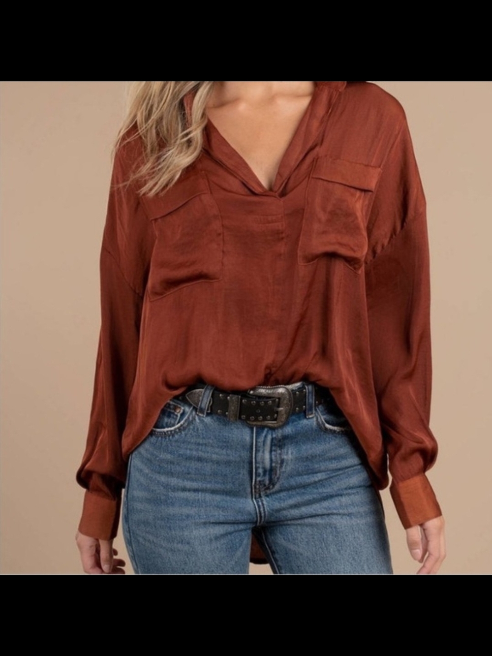 Free People Satin V-Neck Blouse in Rust Brown